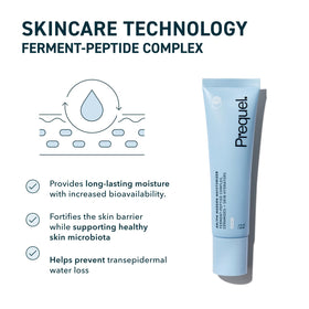 Prequel ingredient bottles with peptides and ceramides, emphasizes barrier support