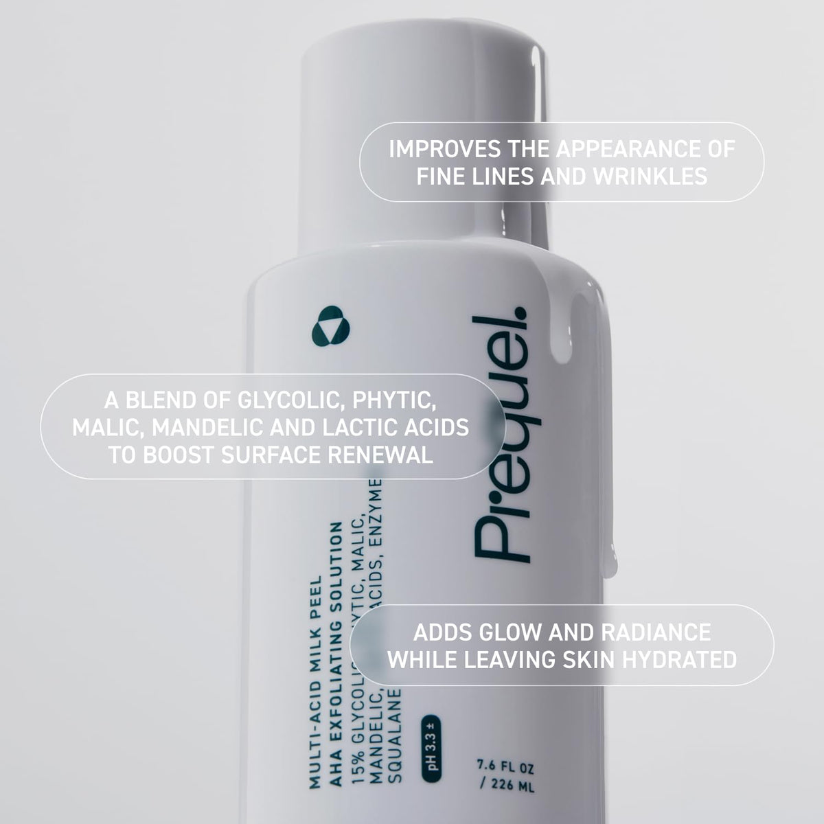 Prequel ingredients panel label highlighting acids and botanical balance