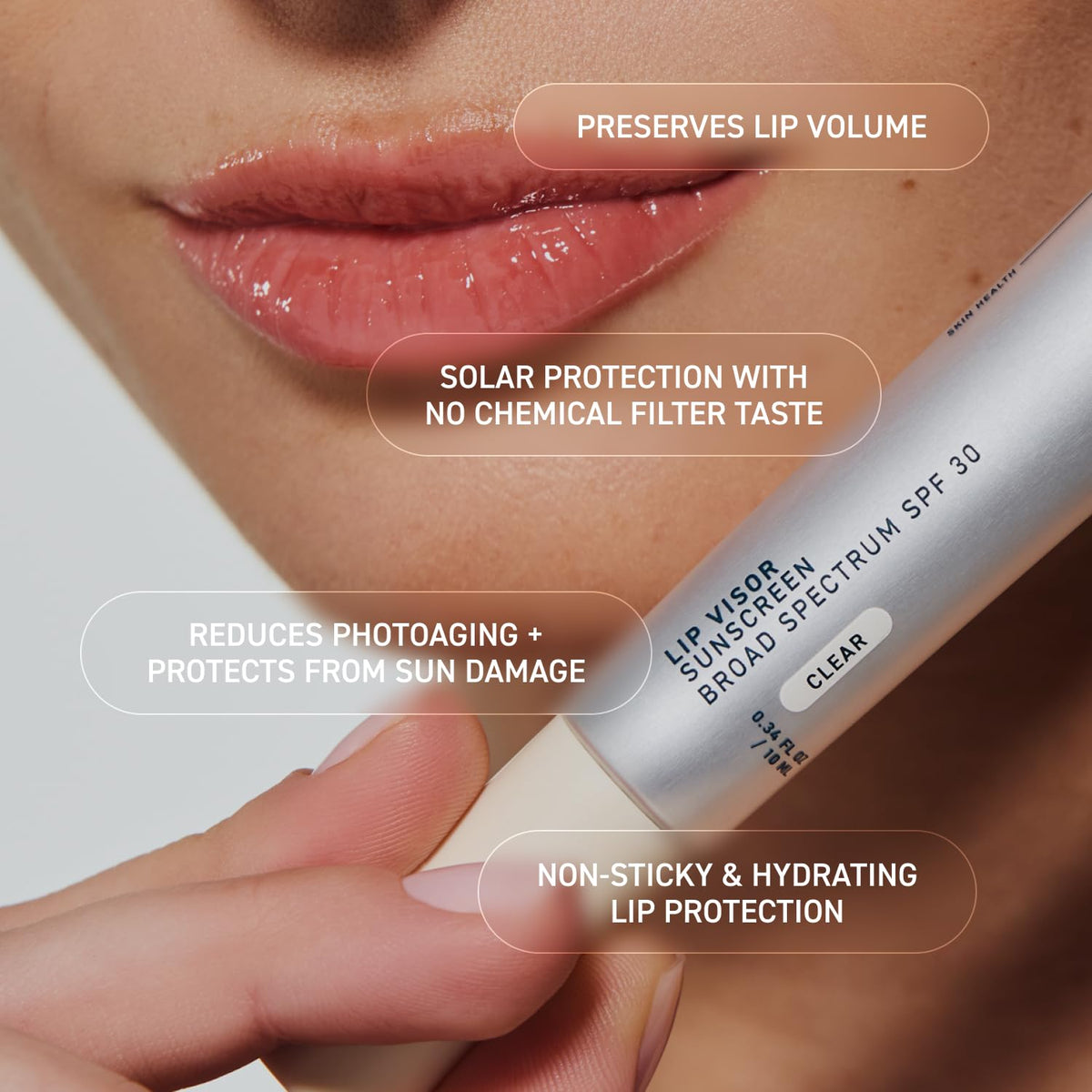 Prequel Lip Visor applied on lips showing semi-gloss hydration benefit