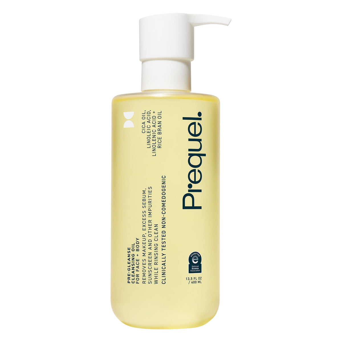Prequel Pre-Gleanse front pump bottle showing label and pump, convenient daily use