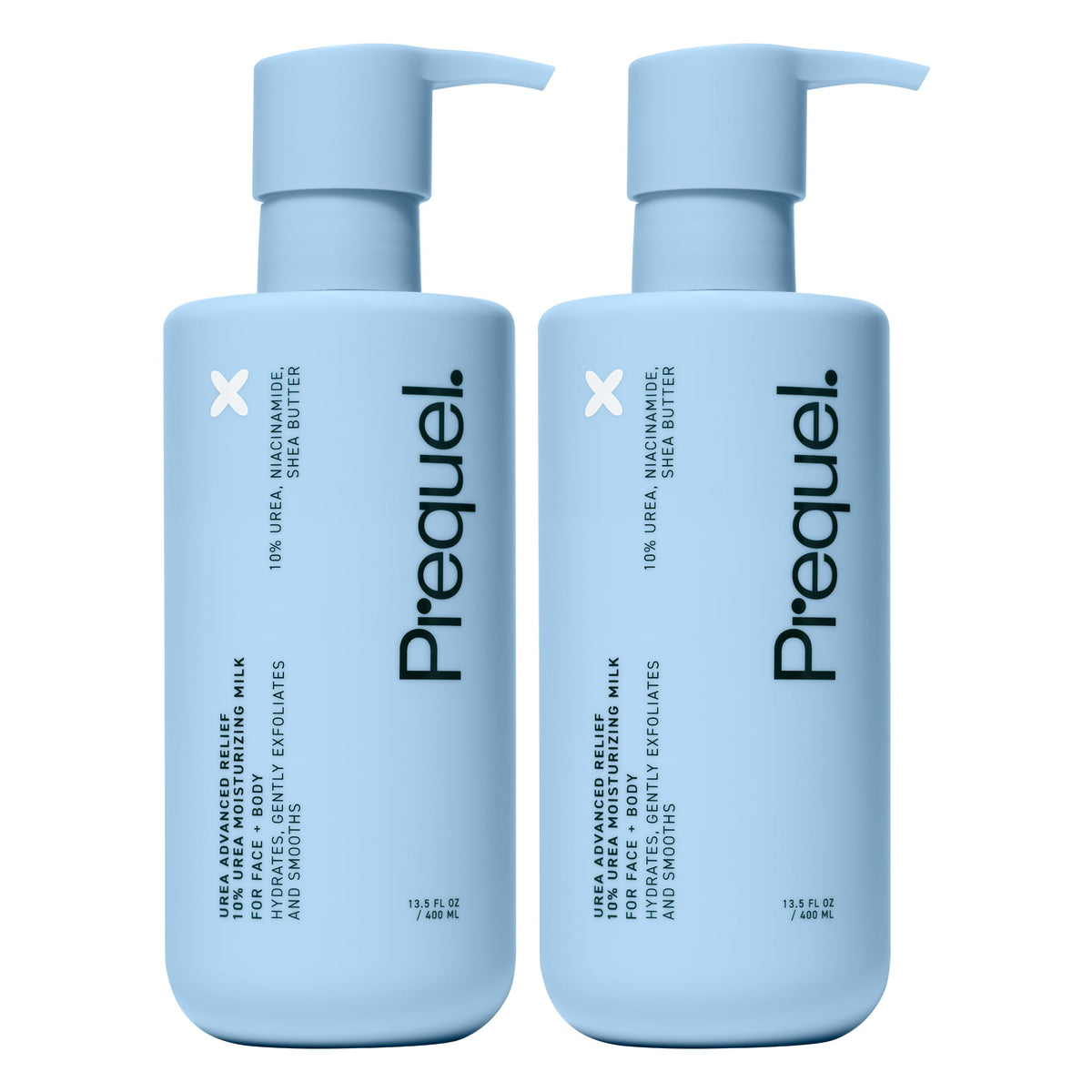 Prequel Skin front packaging showing two pump bottles and unscented formula benefit