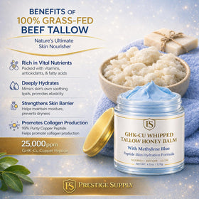 Prestige Supply ingredients flatlay with Manuka honey, jojoba, and grass-fed tallow highlighted
