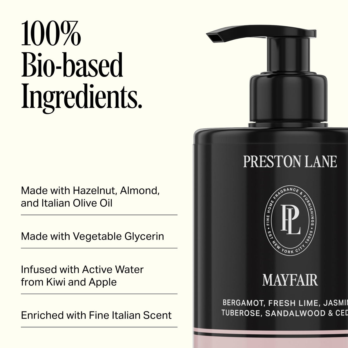 Preston Lane close-up label highlighting Mayfair scent and clean formula