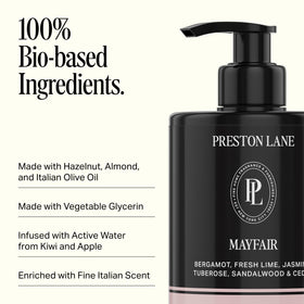 Preston Lane close-up label highlighting Mayfair scent and clean formula
