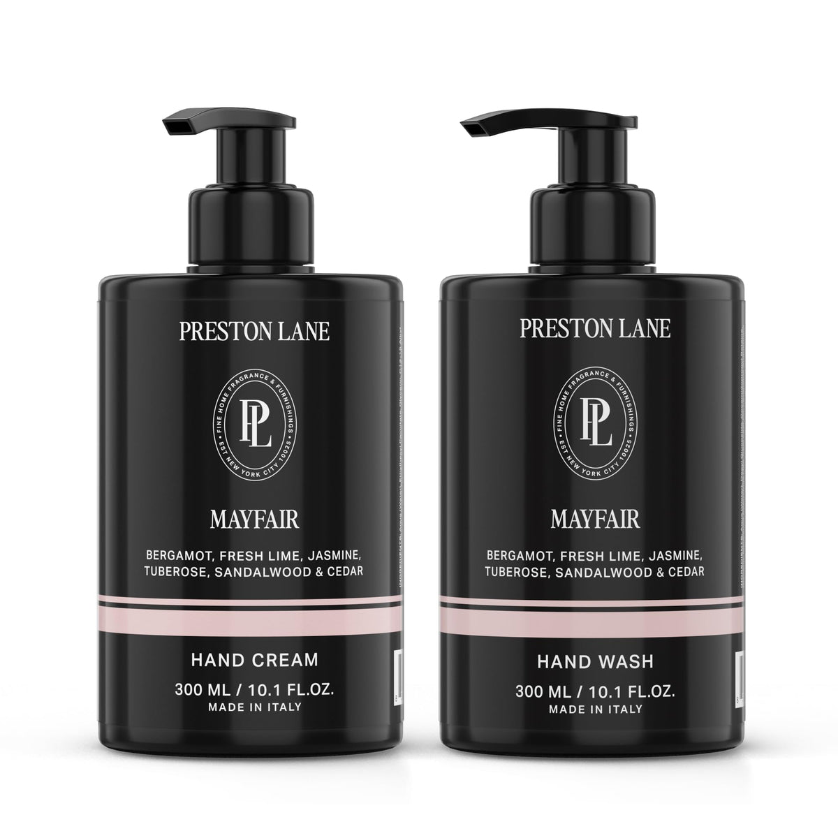 Preston Lane front packaging of Mayfair hand wash and cream showing elegant bottles and scent