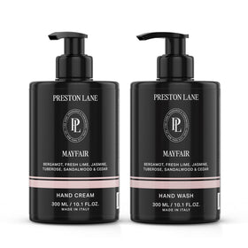 Preston Lane front packaging of Mayfair hand wash and cream showing elegant bottles and scent