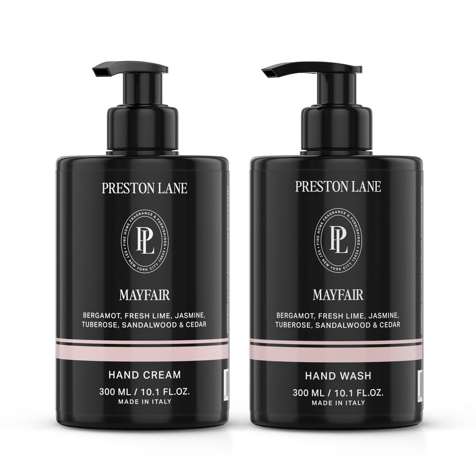 Preston Lane front packaging of Mayfair hand wash and cream showing elegant bottles and scent