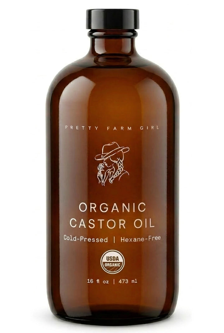 Pretty farm girl amber bottle front showing premium packaging benefit