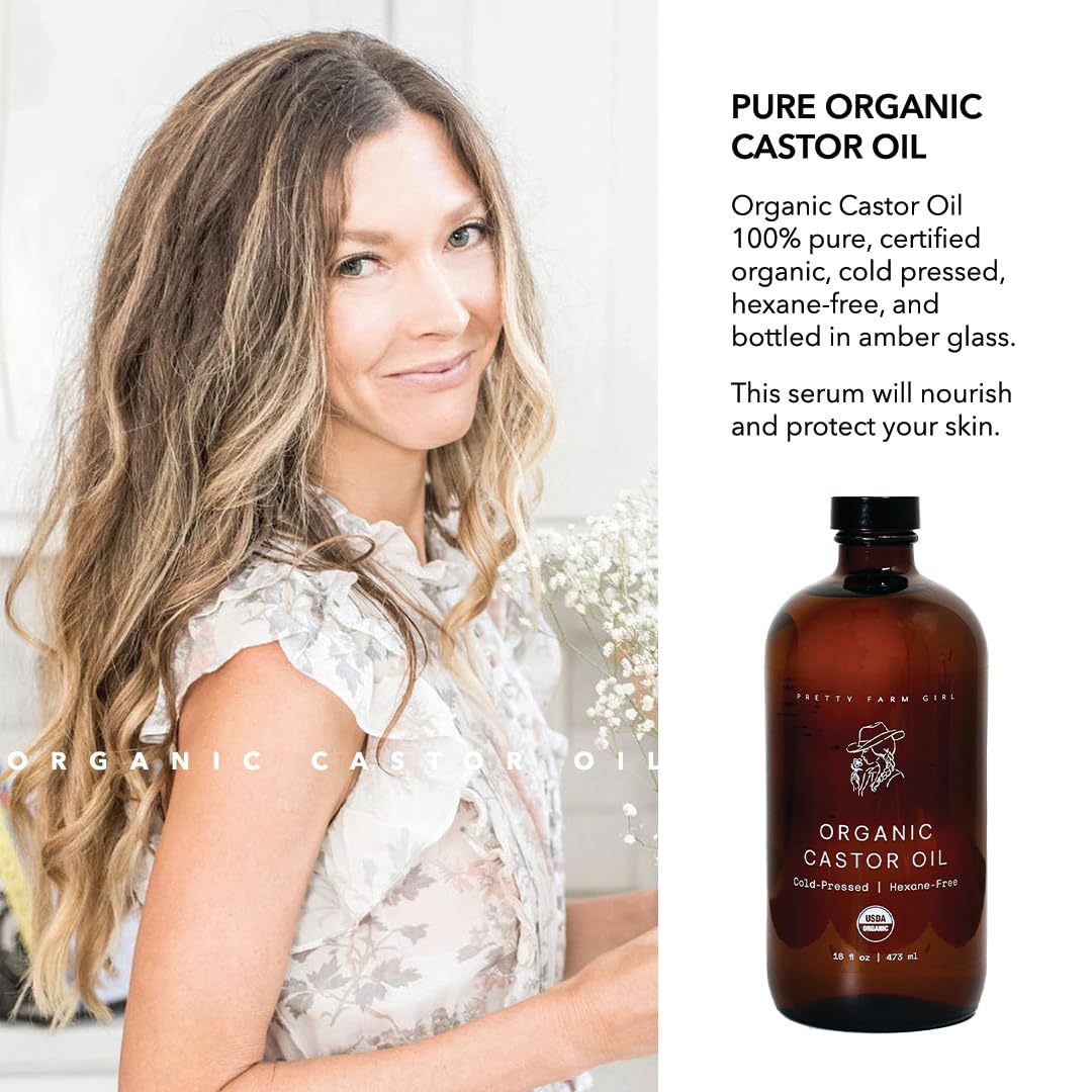 Pretty farm girl pouring oil closeup showing thick texture benefit