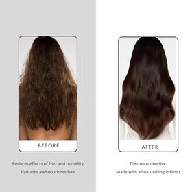 PREVIA application on damp hair demonstrating frizz control during styling