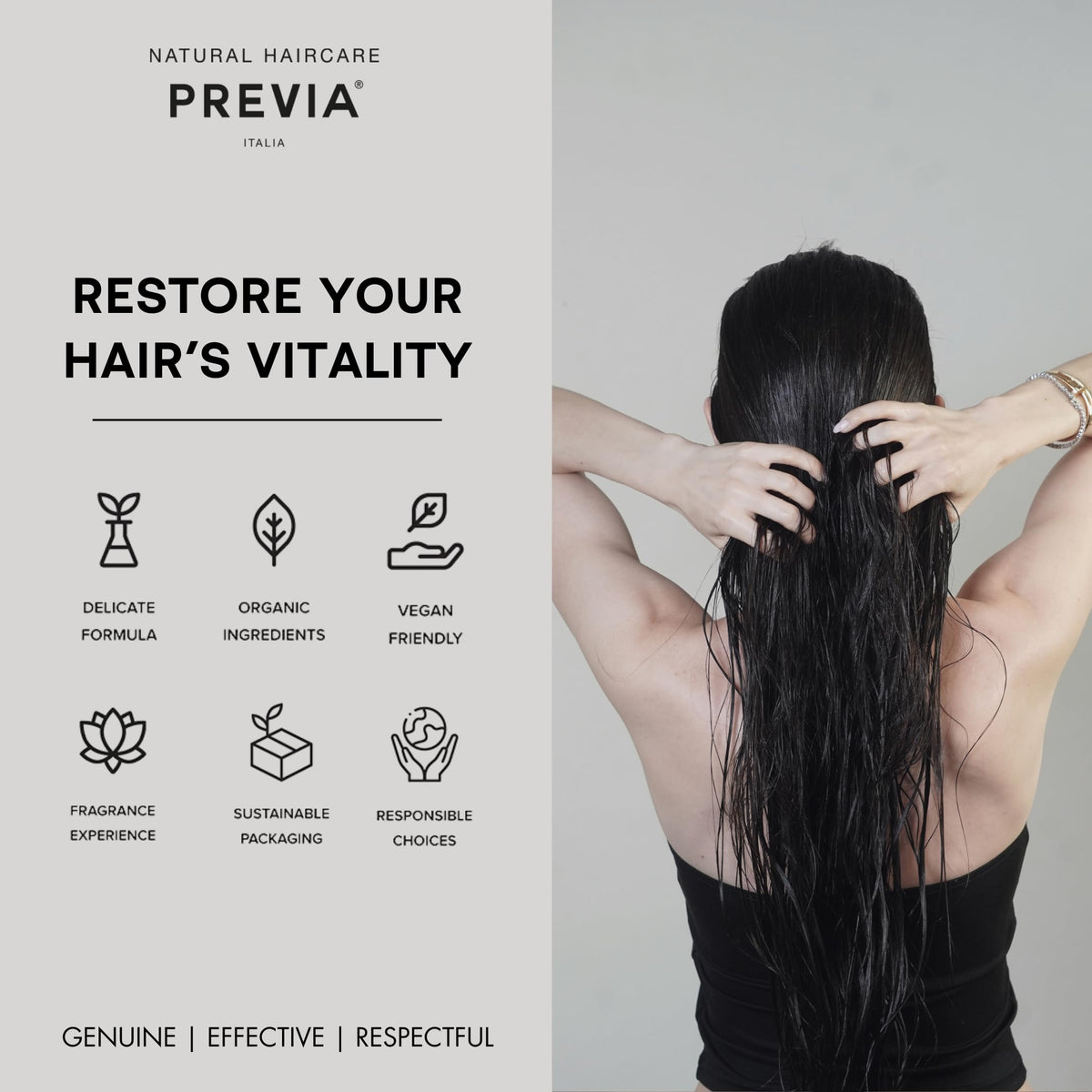 PREVIA label close-up displaying ingredient transparency and sustainability cues