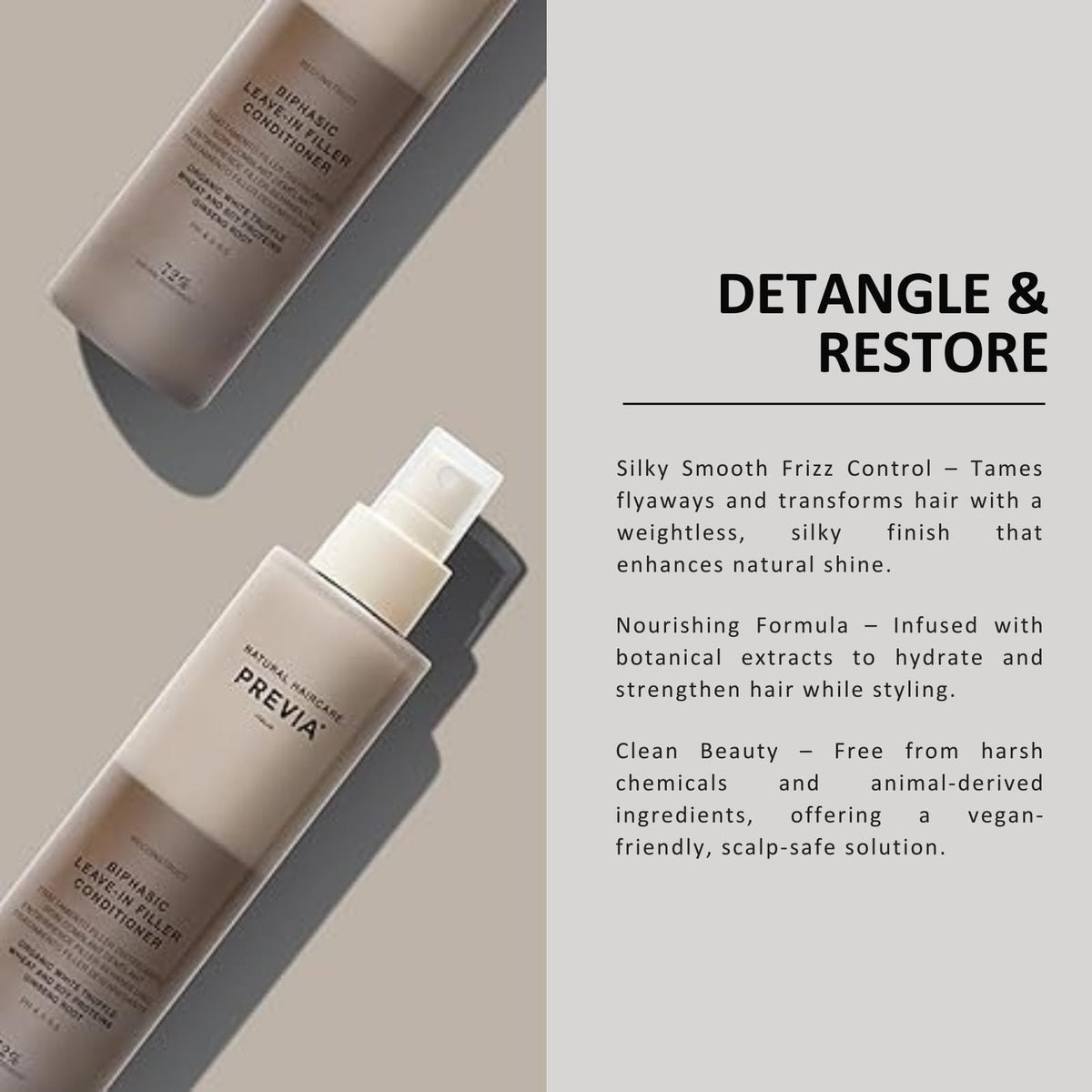 PREVIA mist being applied to damp hair demonstrating detangling benefit