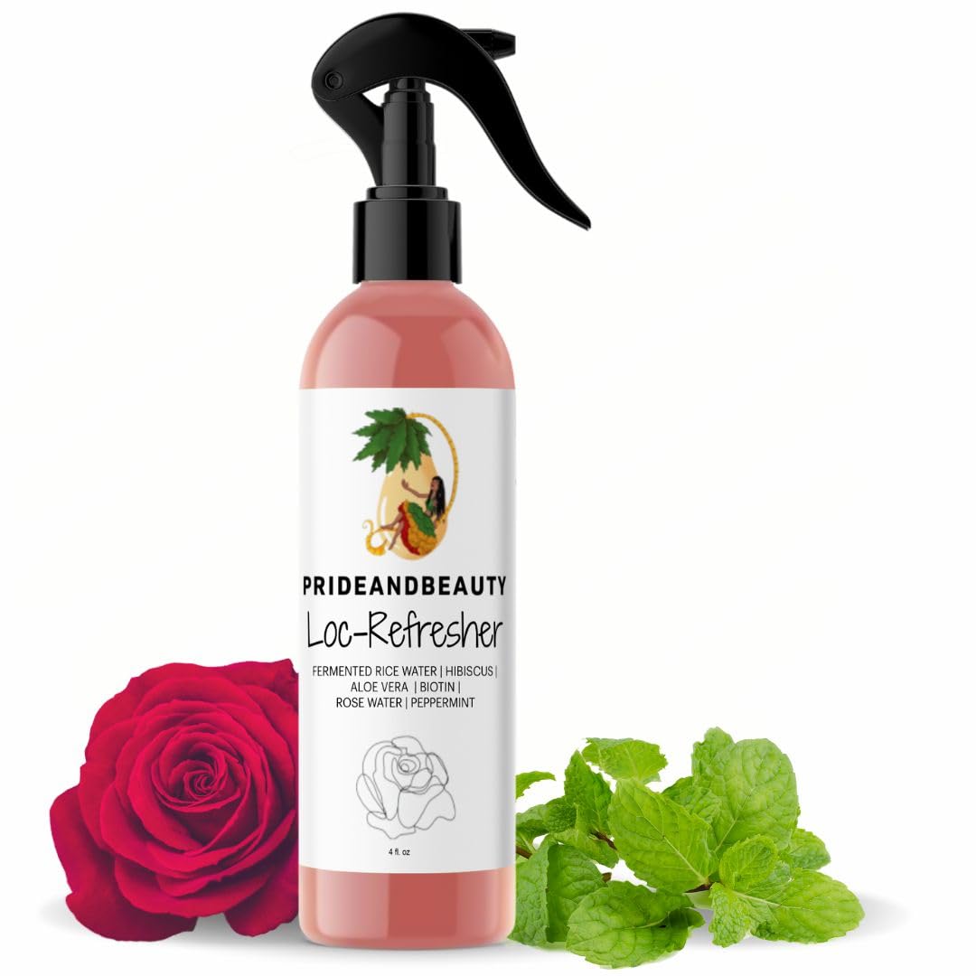 PRIDE AND BEAUTY front bottle view showing sleek 4 oz spray and branding benefit: travel-friendly refresher