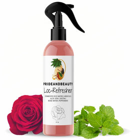 PRIDE AND BEAUTY front bottle view showing sleek 4 oz spray and branding benefit: travel-friendly refresher