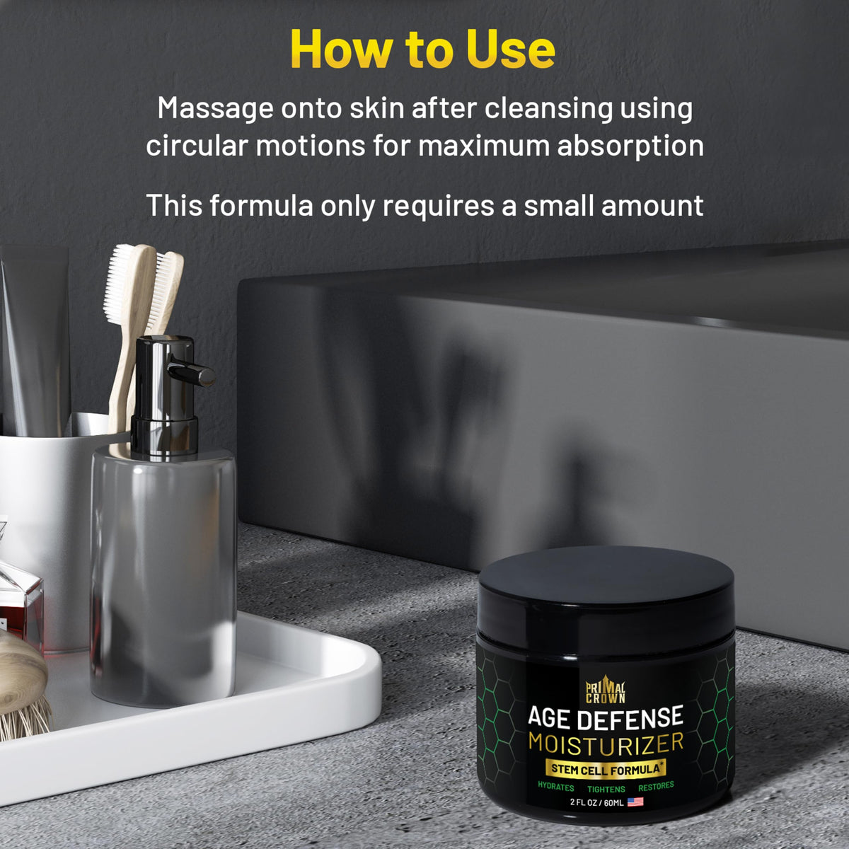 Primal Crown lifestyle bathroom counter setup for daily grooming routine
