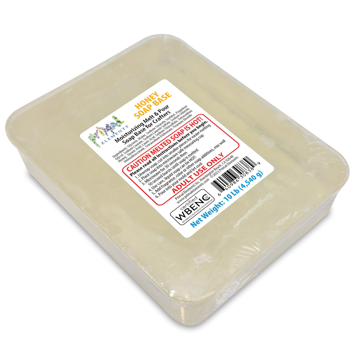 Primal Elements honey soap base front packaging showing 10 lb block and labeling benefit of easy crafting