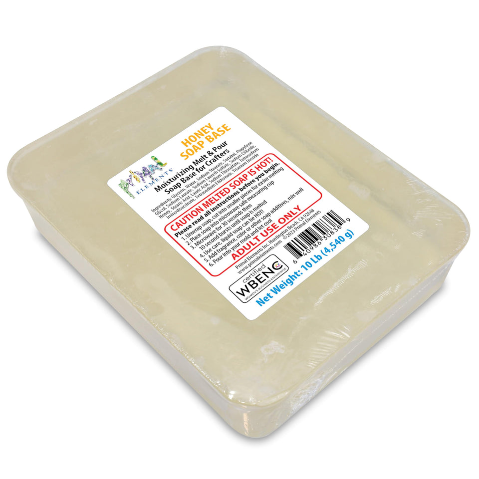 Primal Elements honey soap base front packaging showing 10 lb block and labeling benefit of easy crafting