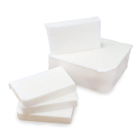 Primal Elements close-up of cut soap base block, smooth texture for quick melting
