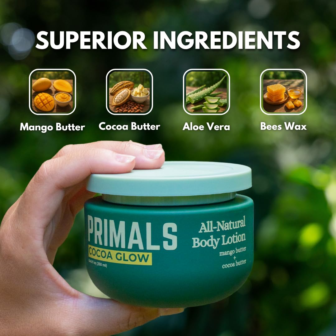 PRIMALS bottle beside aloe and butters showing natural ingredient transparency