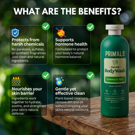 PRIMALS body wash in shower on loofah demonstrating gentle lather