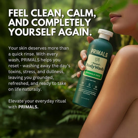 PRIMALS bathroom lifestyle scene with bottle for everyday use appeal