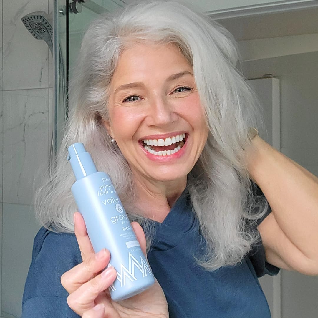 PRIME PROMETICS mature woman styling hair showing improved texture benefit