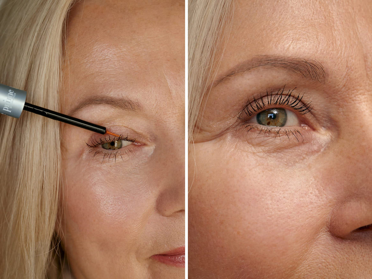 Prime Prometics before and after comparison illustrating fuller lifted lashes