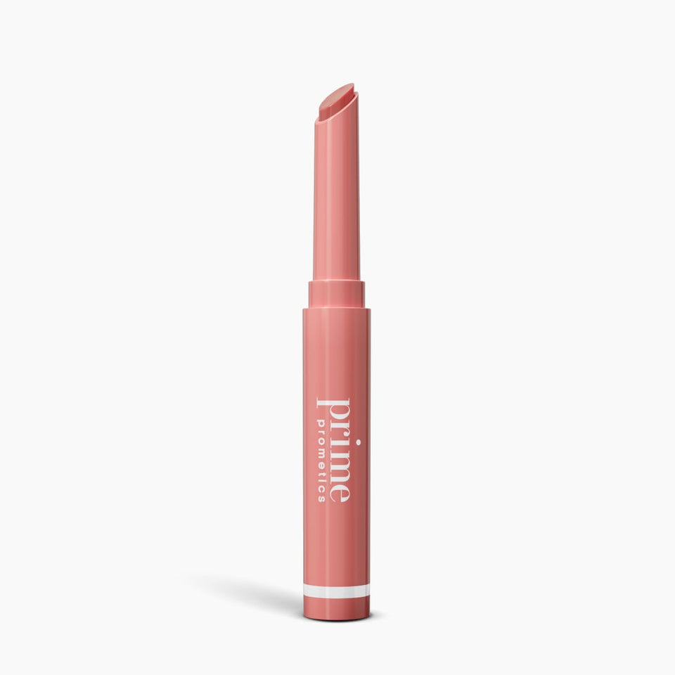 prime prometics primeLip front packaging showing shade Soft Petal and slim stick for effortless color