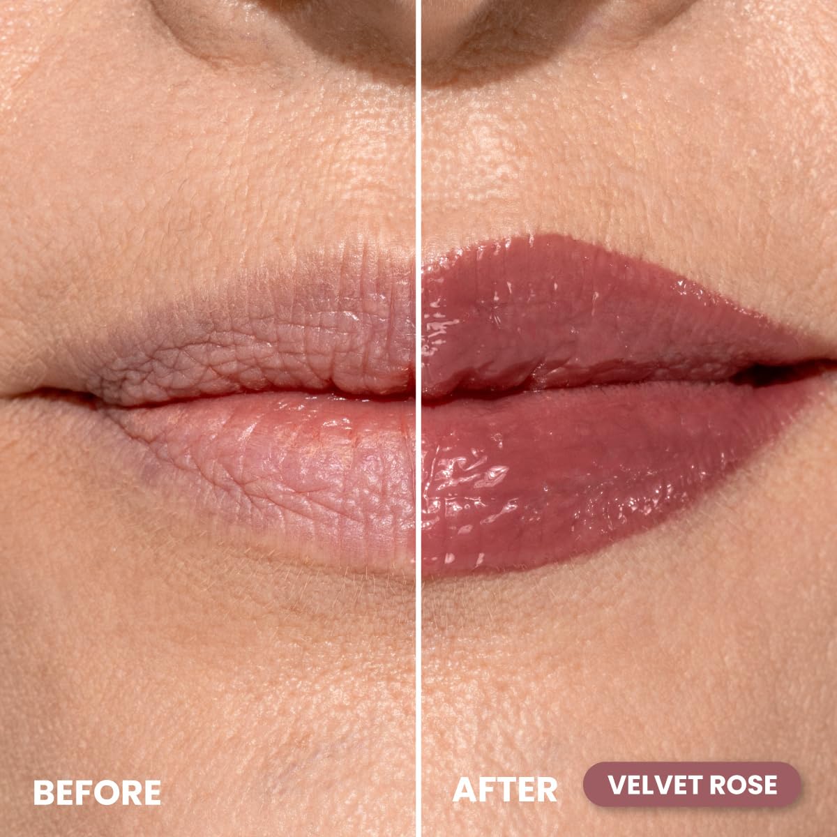 PRIME PROMETICS model wearing Velvet Rose demonstrating natural, non-stinging plumping effect