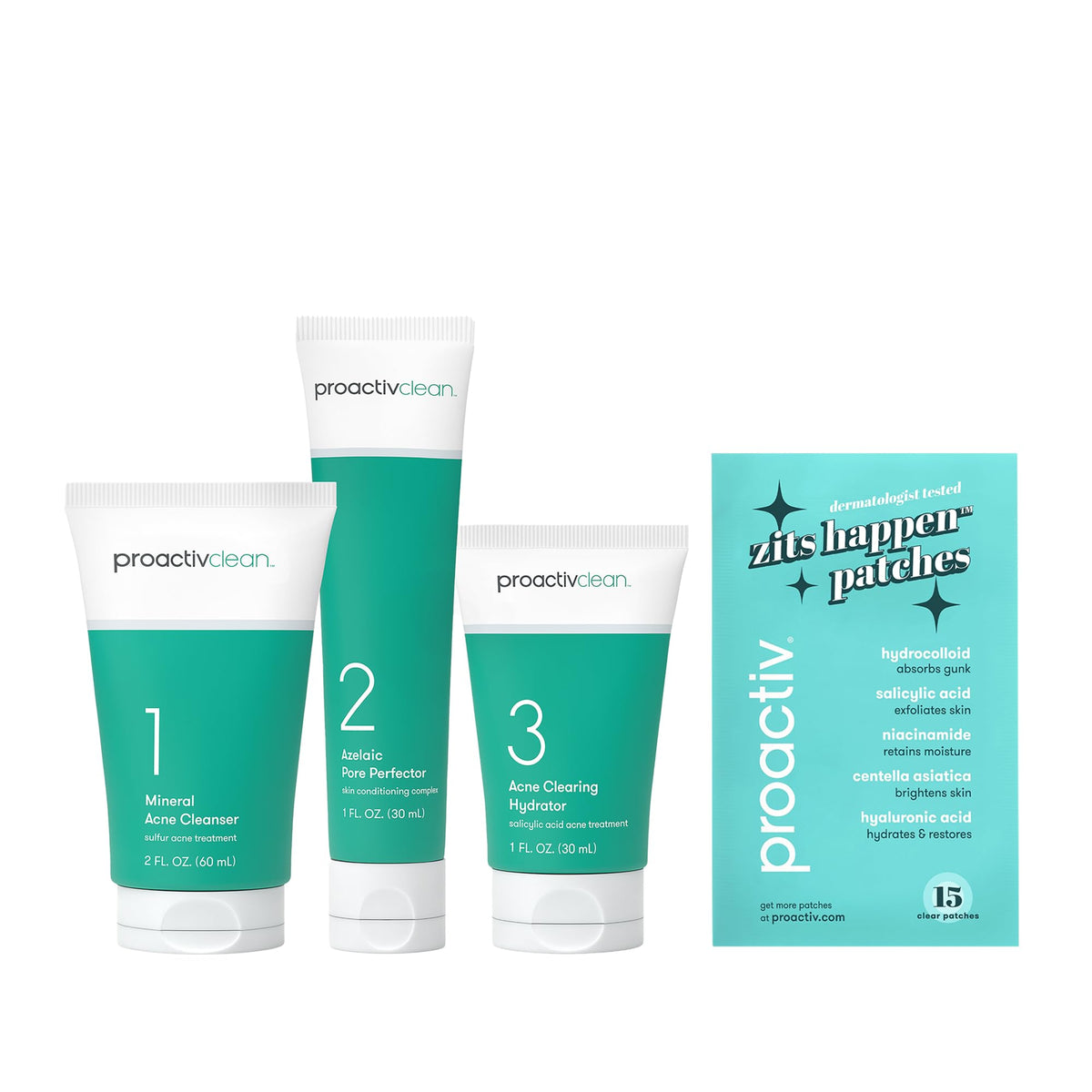 Proactiv front packaging showing full 3-step kit and pimple patches for clear routine
