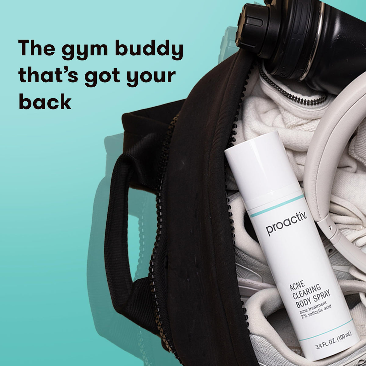 Proactiv bottle beside gym bag showing compact travel size convenience