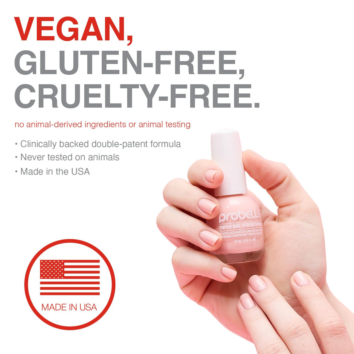 Probelle applied on natural nail illustrating strengthened nail and subtle tint