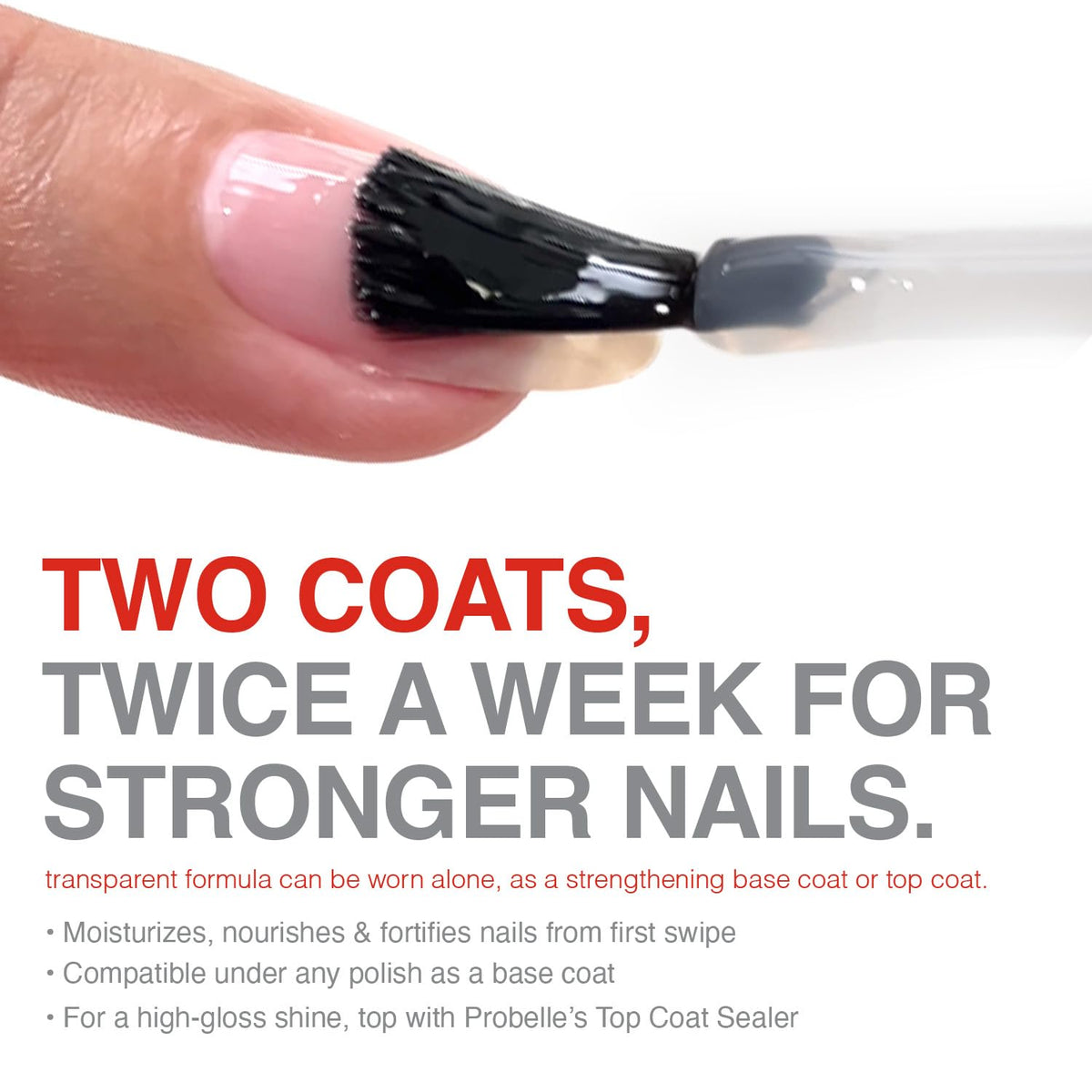 Probelle applied on nails close-up demonstrating stronger, glossier look