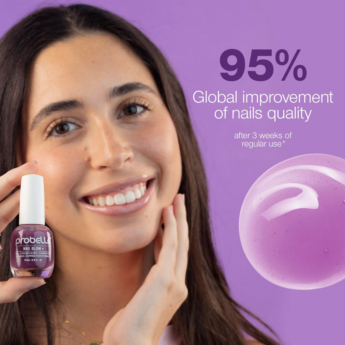 Side-by-side Probelle before and after nails showing stronger-looking, glossier nails benefit