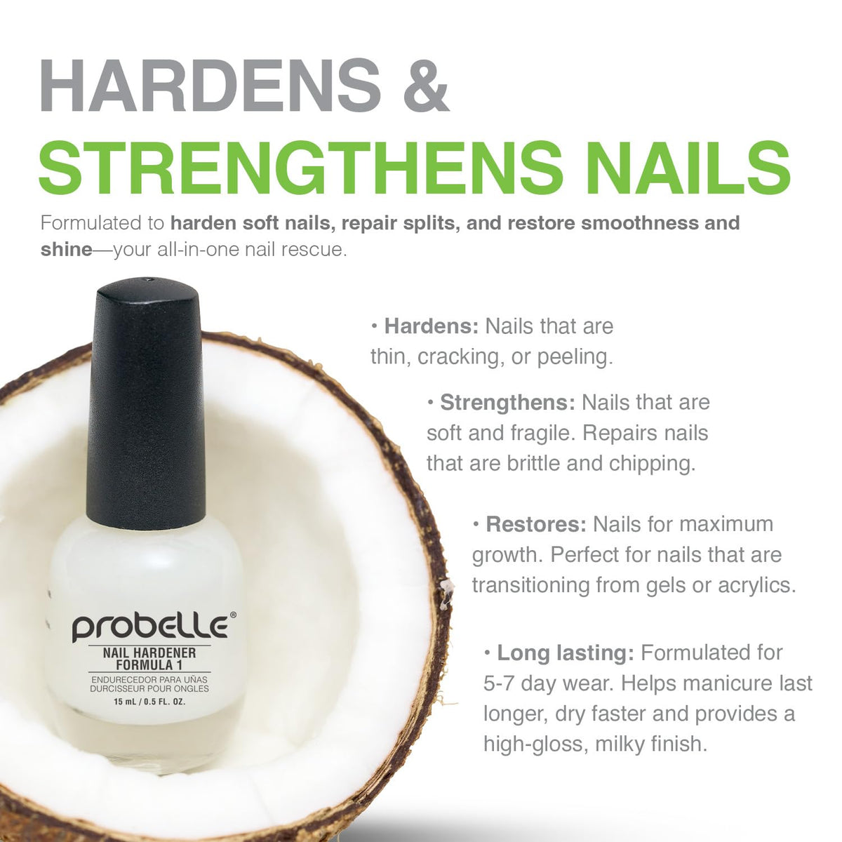 Probelle ingredients panel illustrating formaldehyde-free formula and safety