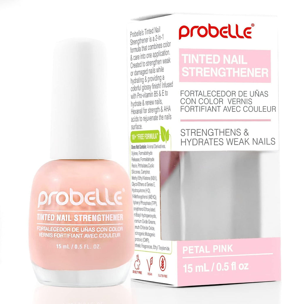 Probelle front packaging showing petal pink tinted strengthener for improved nails