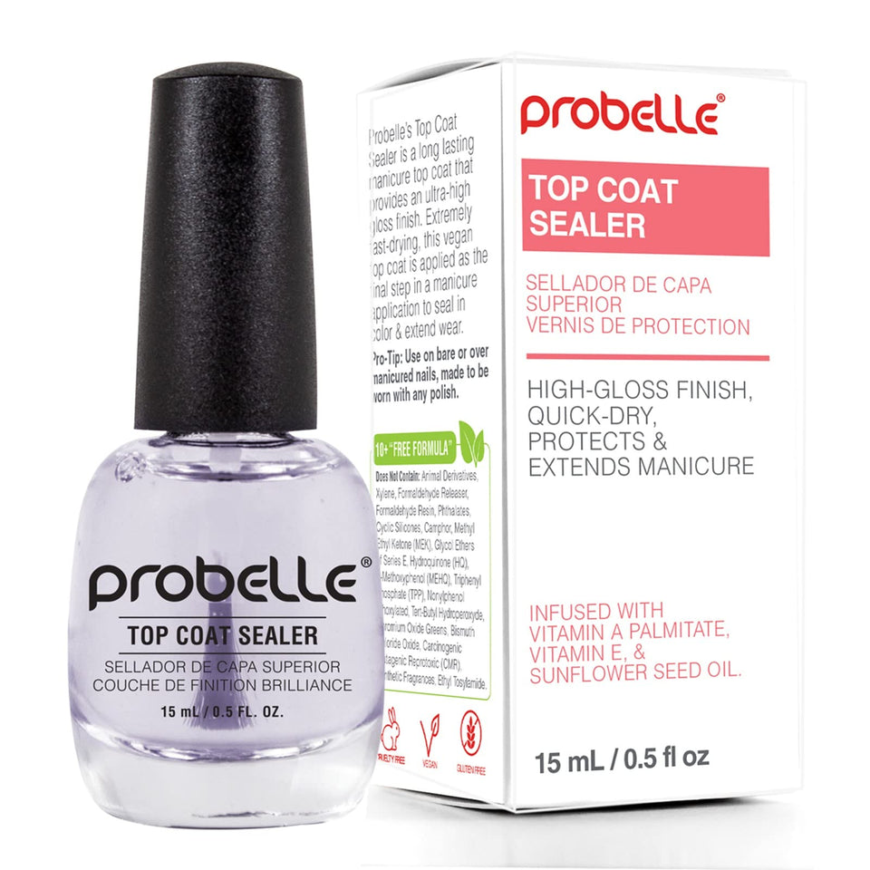 Probelle top coat front packaging showing glossy finish benefit