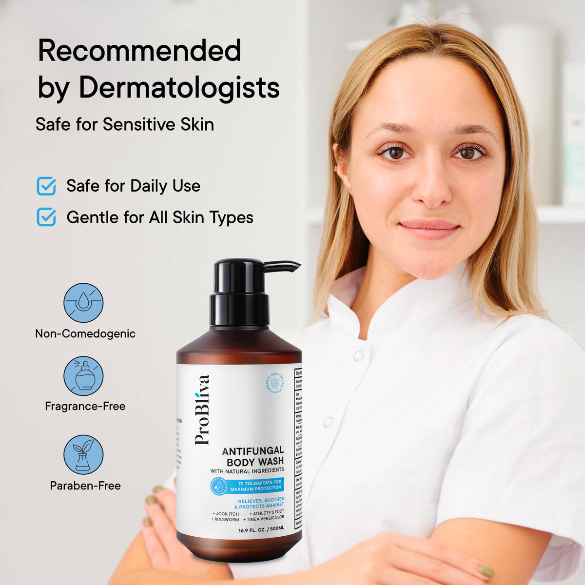 ProBliva label showing tolnaftate and tea tree oil ingredients for targeted care