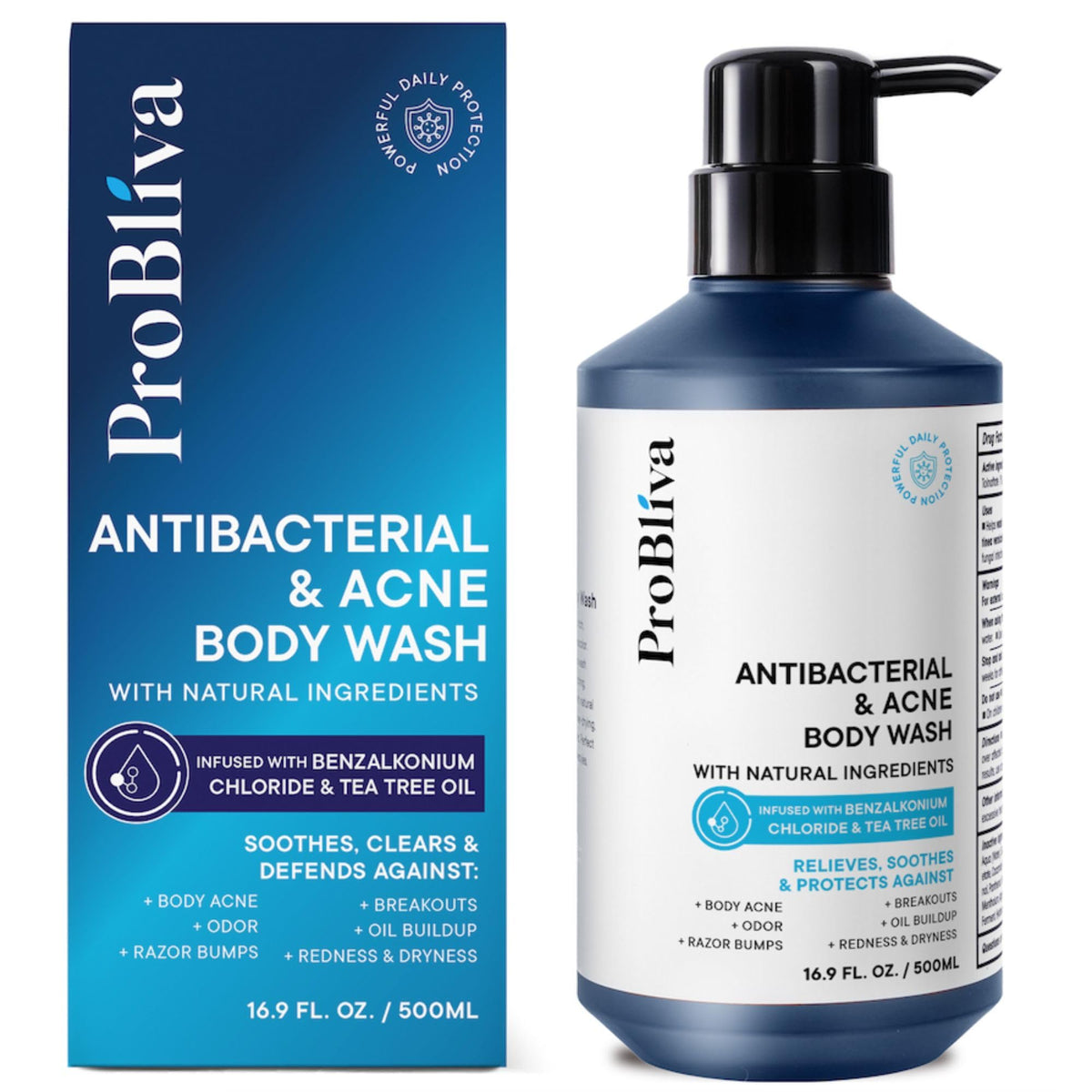 ProBliva bottle front packaging showing antibacterial body wash benefit