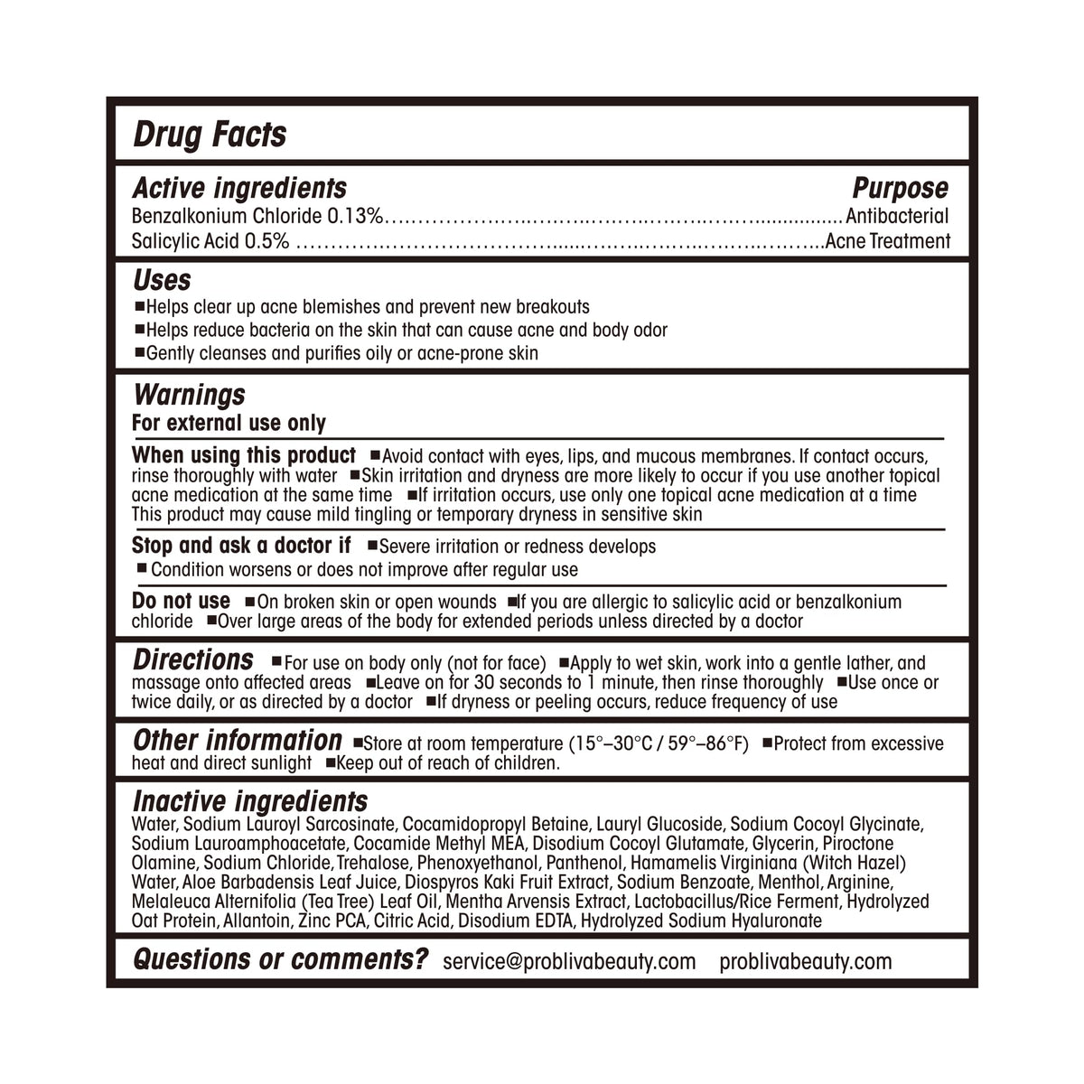 ProBliva label ingredient panel emphasizing antibacterial formulation