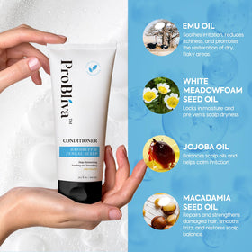 ProBliva conditioner in hand demonstrating amount needed to hydrate scalp
