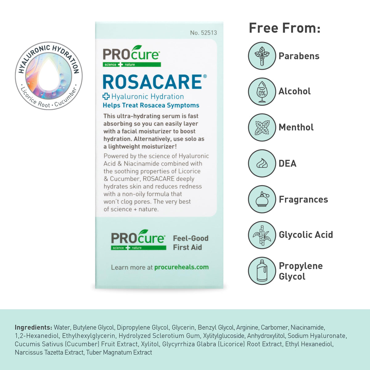 PROcure Rosacare beside a ruler showing 1.08 fl oz scale for accurate size expectation