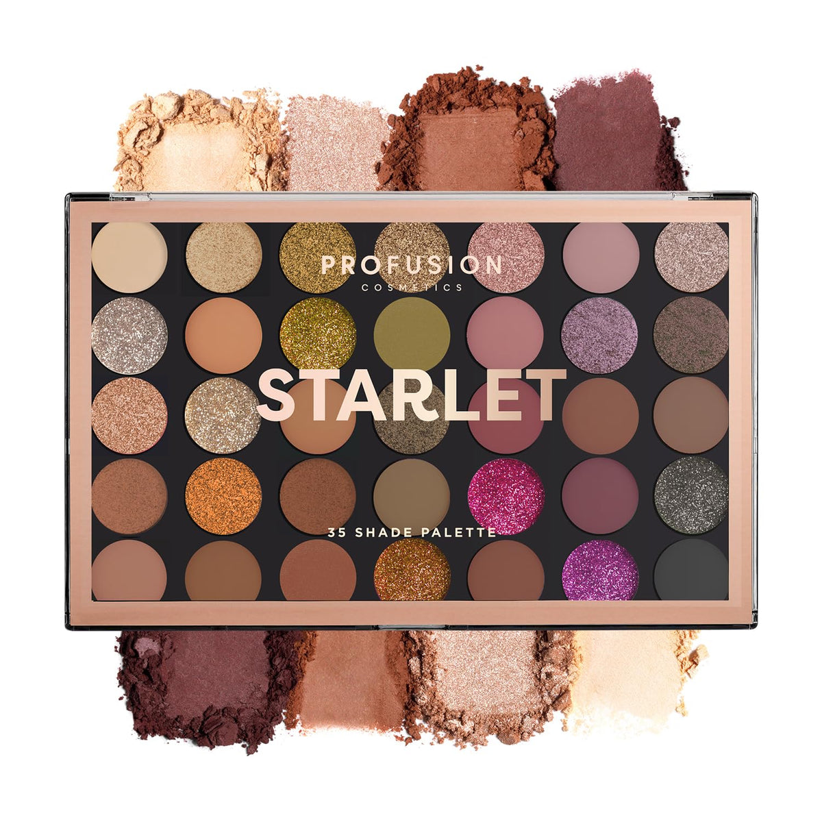 Profusion Cosmetics front packaging showing 35 shades and layout, portable palette benefit