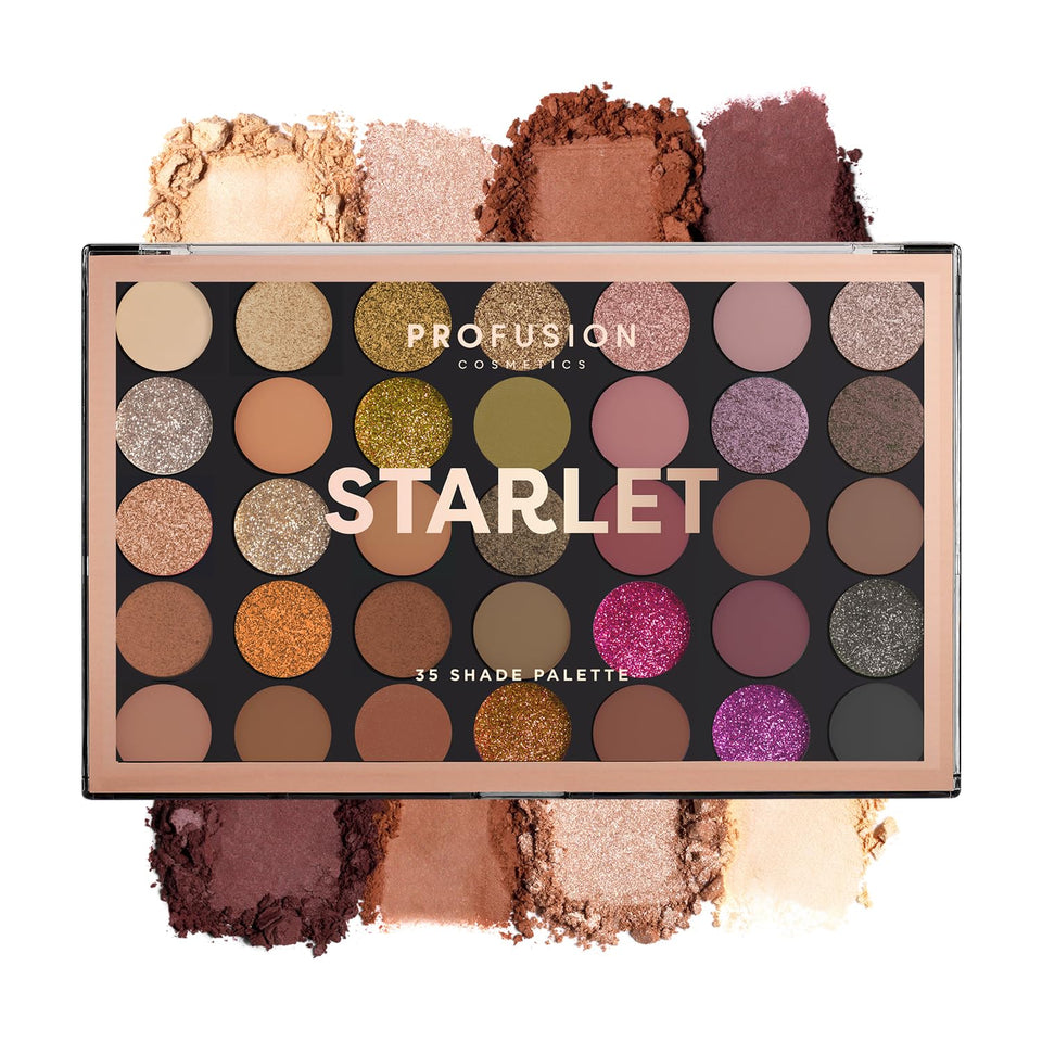 Profusion Cosmetics front packaging showing 35 shades and layout, portable palette benefit
