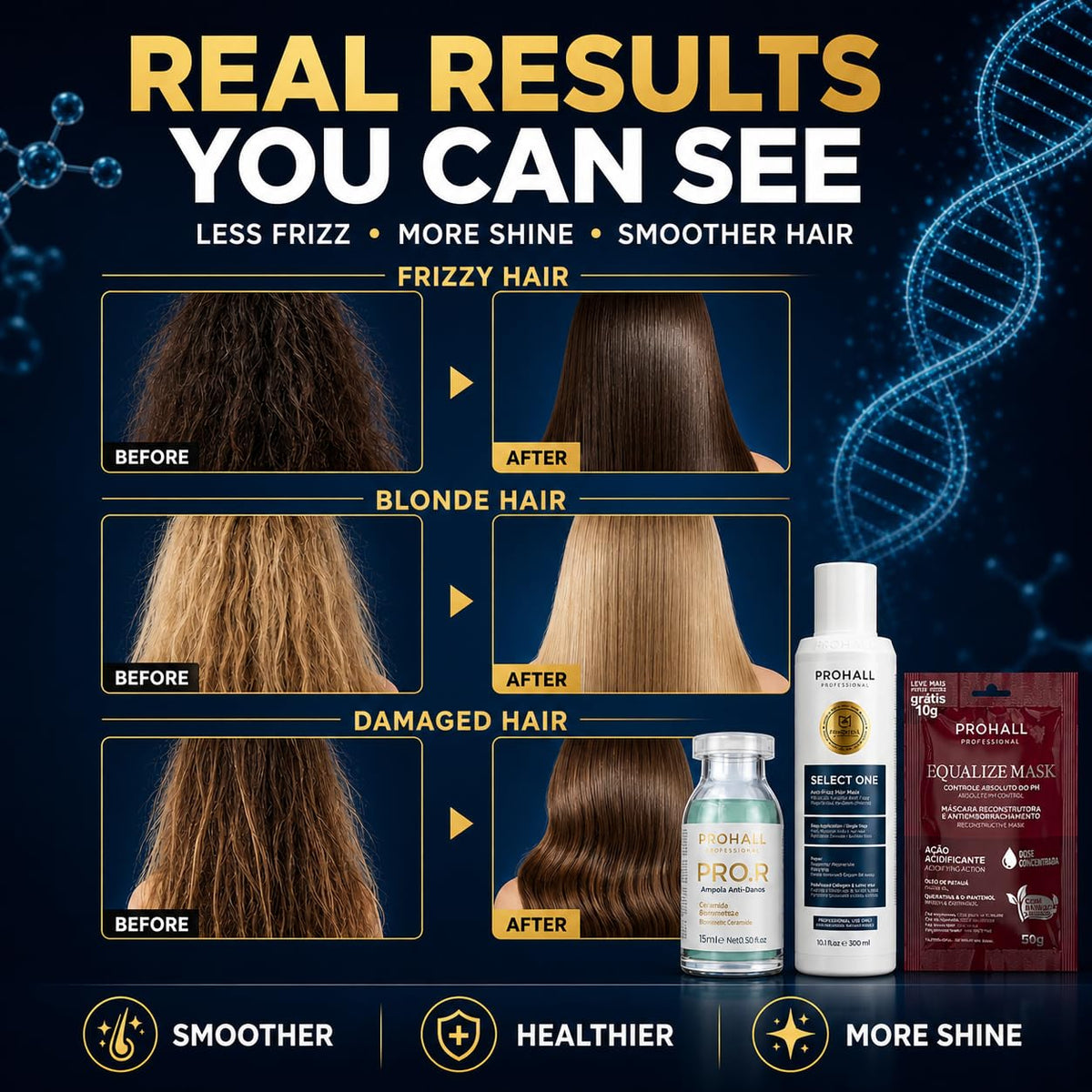 Prohall Select One applied to hair strand demonstrating frizz reduction