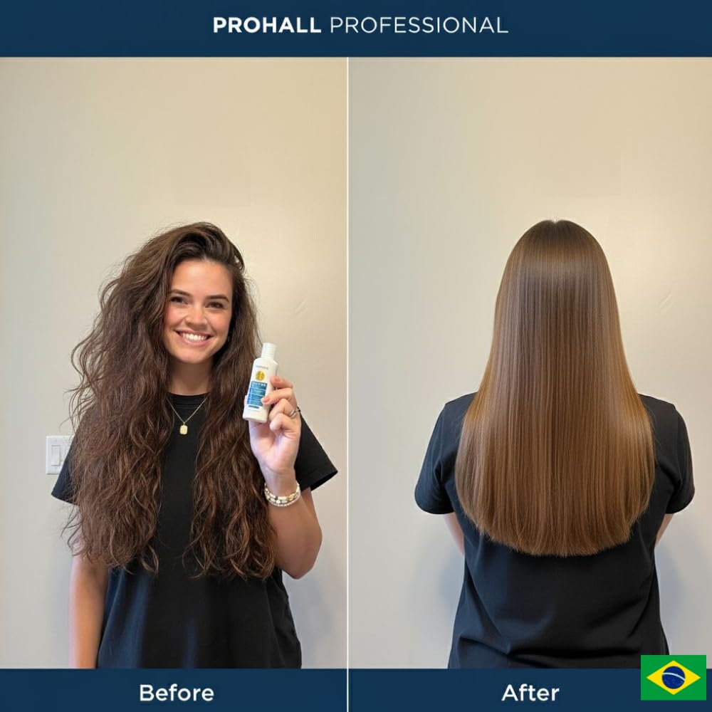 Prohall Select One before and after comparison showing reduced frizz and shine