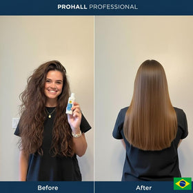 Prohall Select One before and after comparison showing reduced frizz and shine