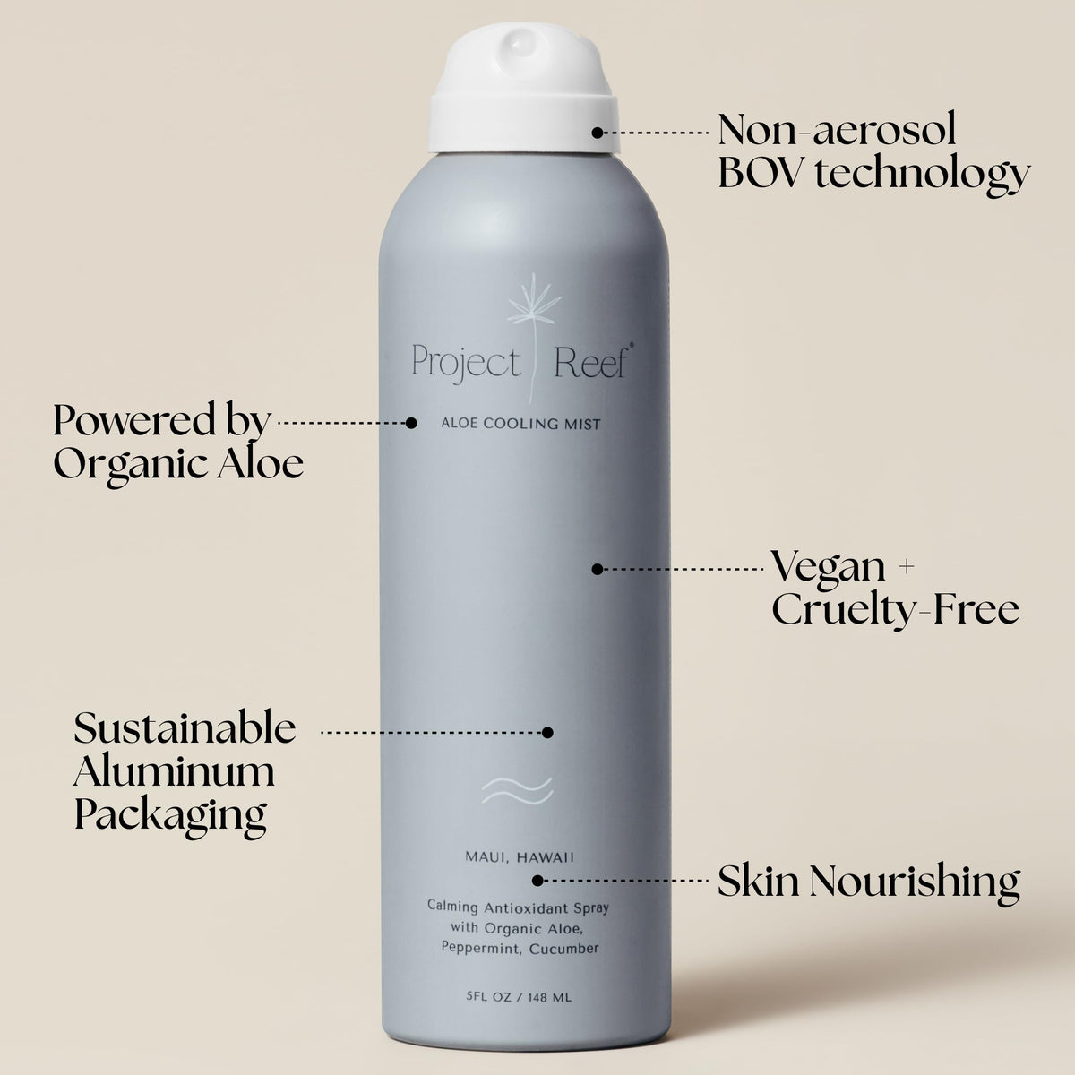 Project Reef close-up label highlighting organic aloe, peppermint, and cucumber benefits