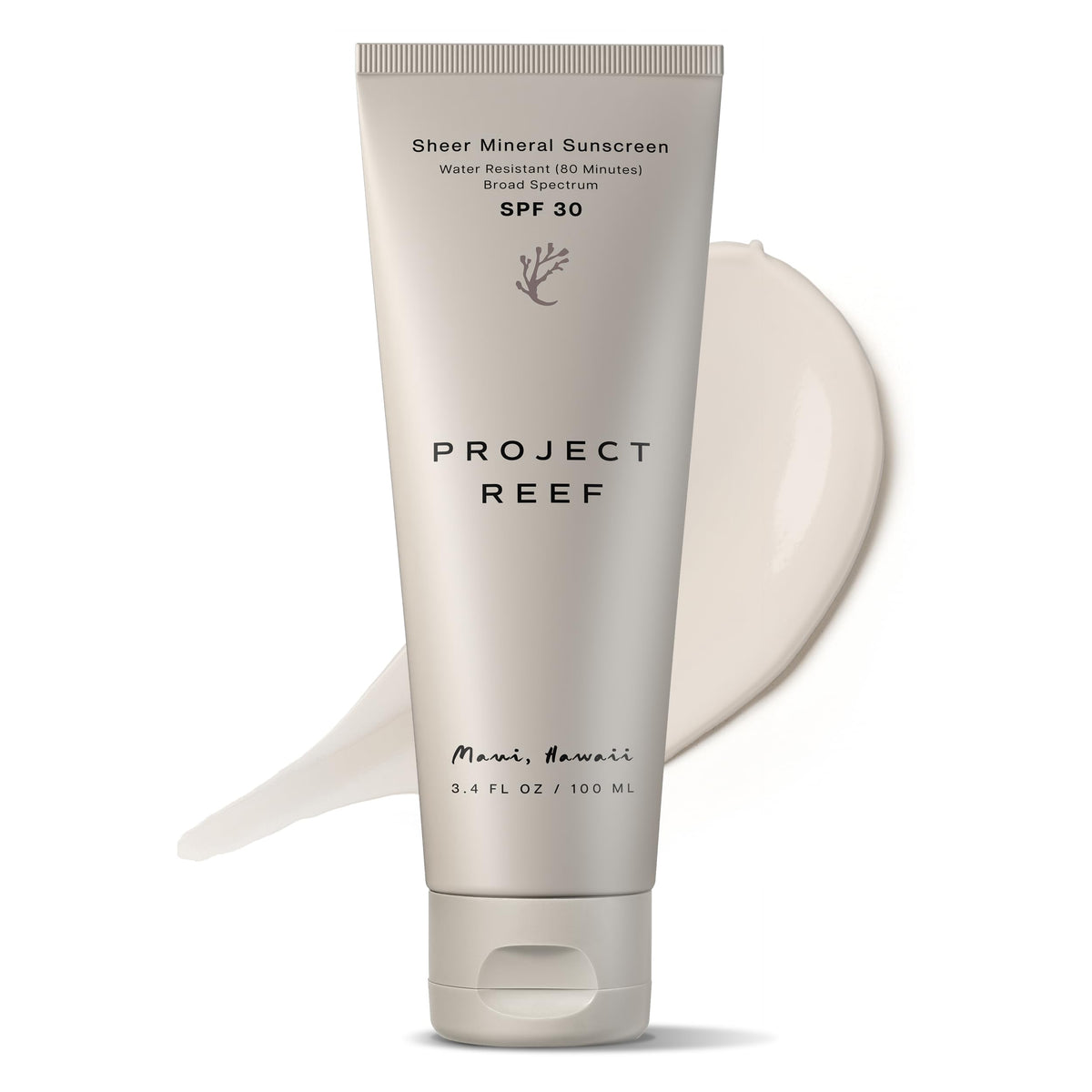 Project Reef front tube showing SPF 30 and reef-safe zinc benefit