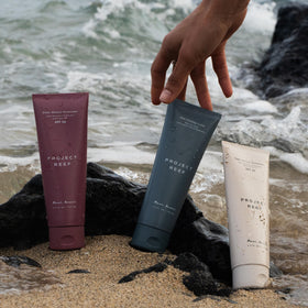 Project Reef tube on recycled-plastic backdrop showing responsible packaging benefit